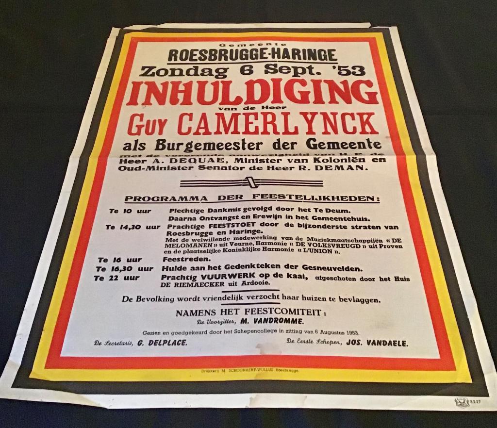 Affiche inhuldiging Guy Camerlynck- Roesbrugge-Haringe - ‘53, Verzenden, Gebruikt, Rechthoekig Liggend, Overige onderwerpen