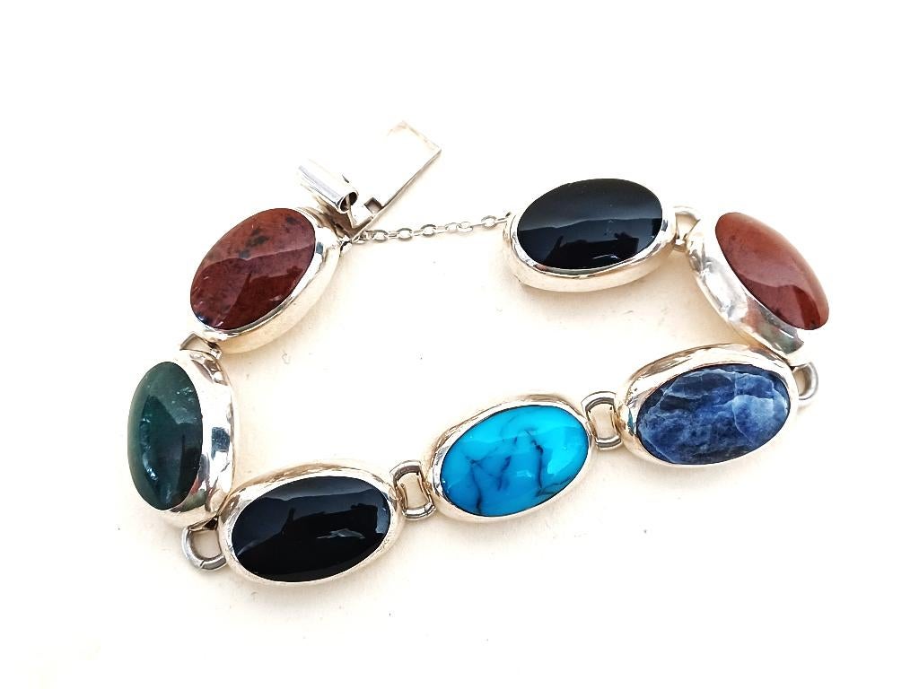 grand bracelet vintage en argent sterling Taxco, Mexique, Enlèvement ou Envoi, Argent, Bracelet, Avec pierre précieuse
