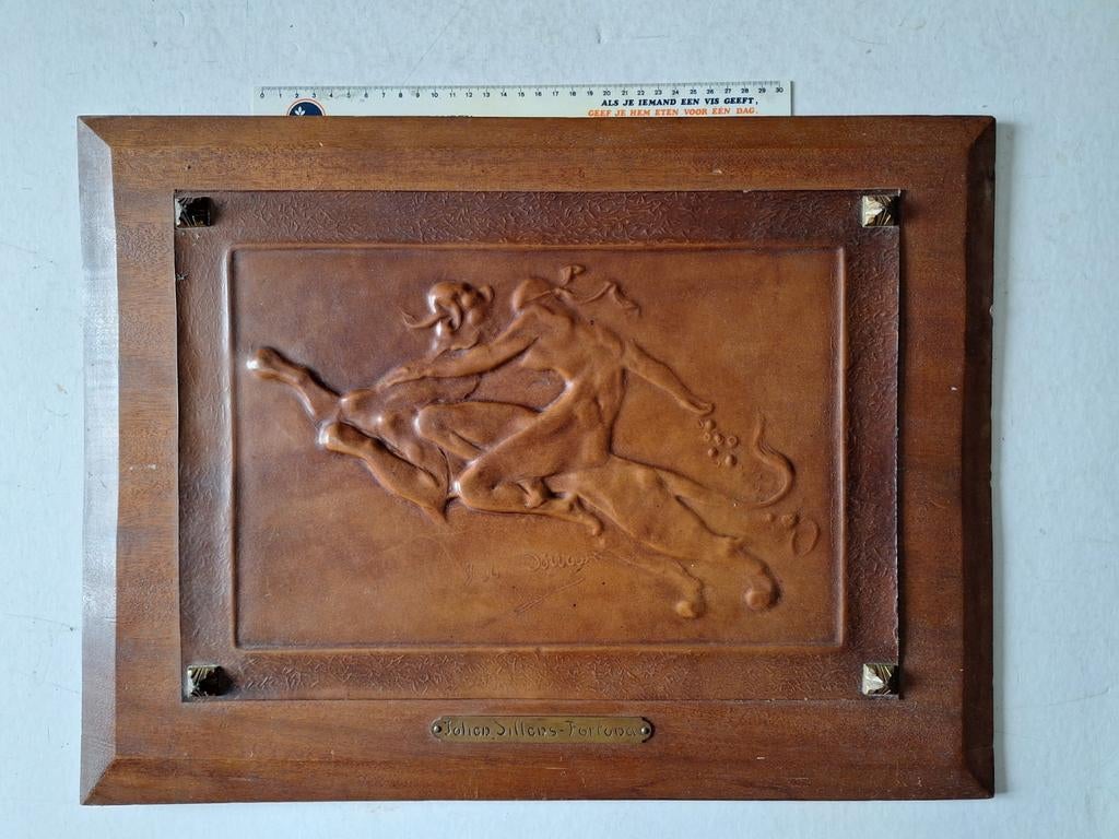 Beeldhouwwerk Julien Dillens op leder getiteld "Fortuna", Antiek en Kunst, Ophalen of Verzenden
