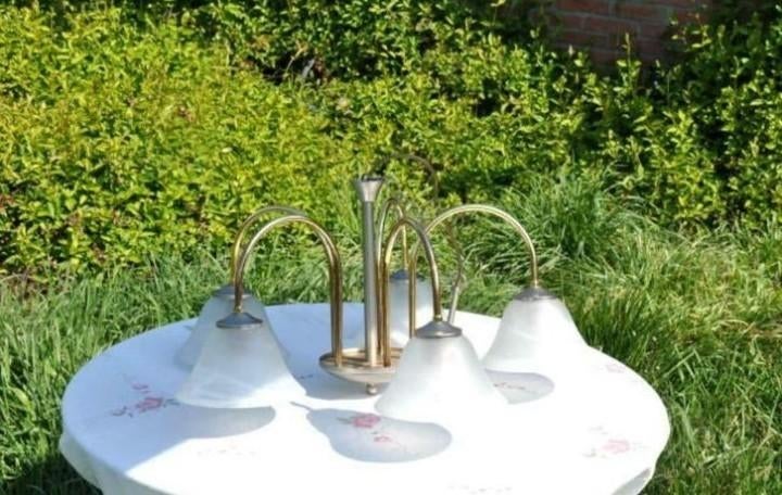 § lustre a 5 branches bobeches opaques marbrées, Huis en Inrichting, Lampen | Kroonluchters, Zo goed als nieuw, Glas, Metaal, Ophalen of Verzenden