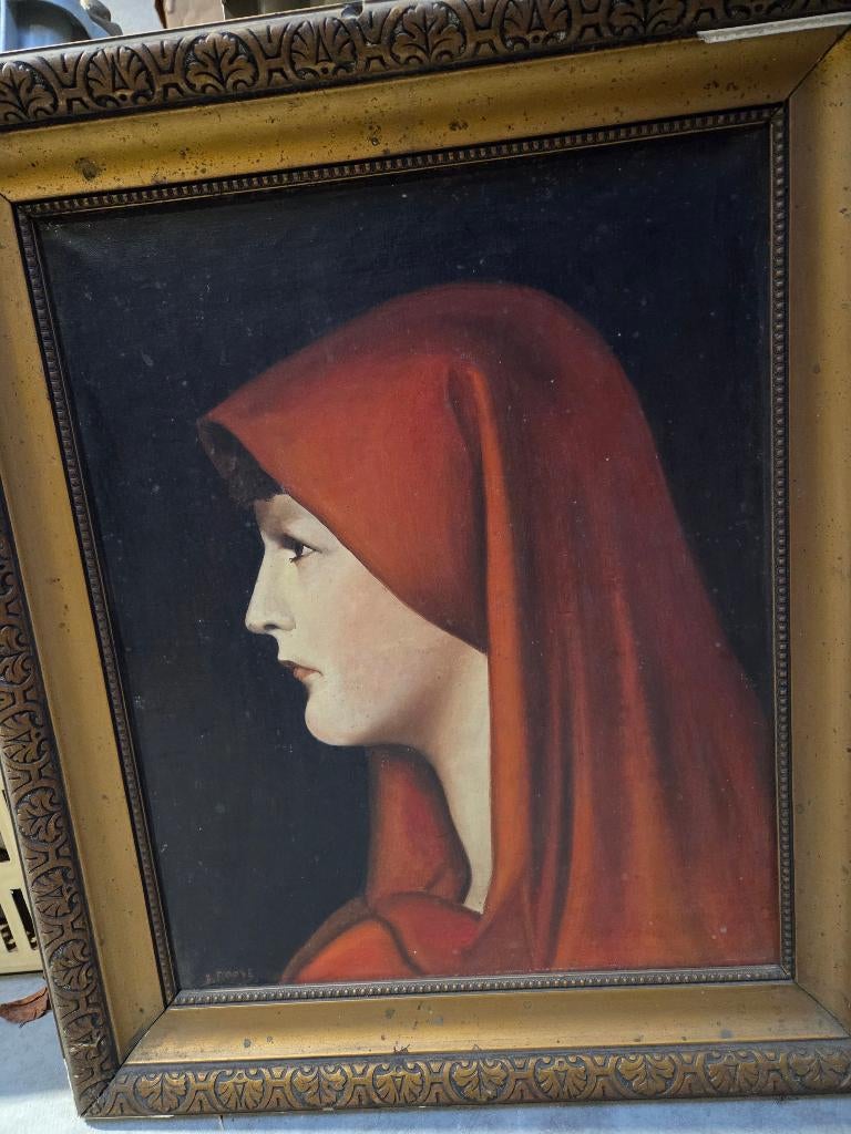 Kunstwerk: 'Meisje met rode hoofddoek', F Roose, Antiek en Kunst, Ophalen of Verzenden