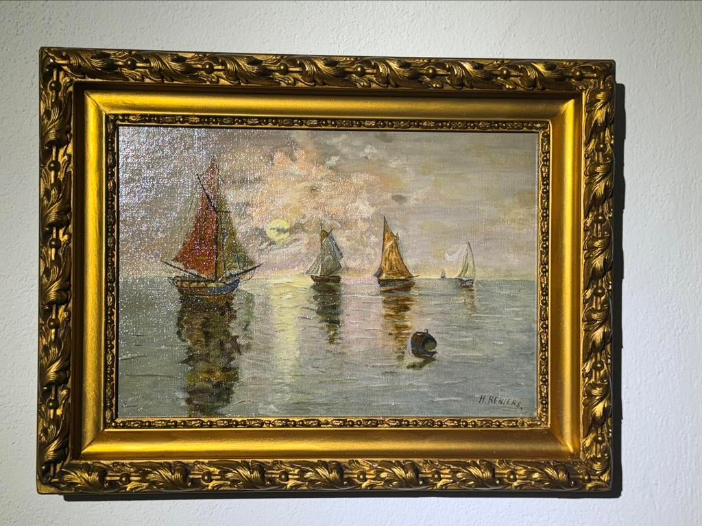 oud antiek schilderij. uitzicht op zee met schepen, Antiek en Kunst, Ophalen