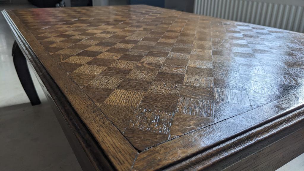 Eikenhouten salontafel met mozaïk inleg., Huis en Inrichting, Tafels | Salontafels, Ophalen, 100 tot 150 cm, Klassiek, Eikenhout
