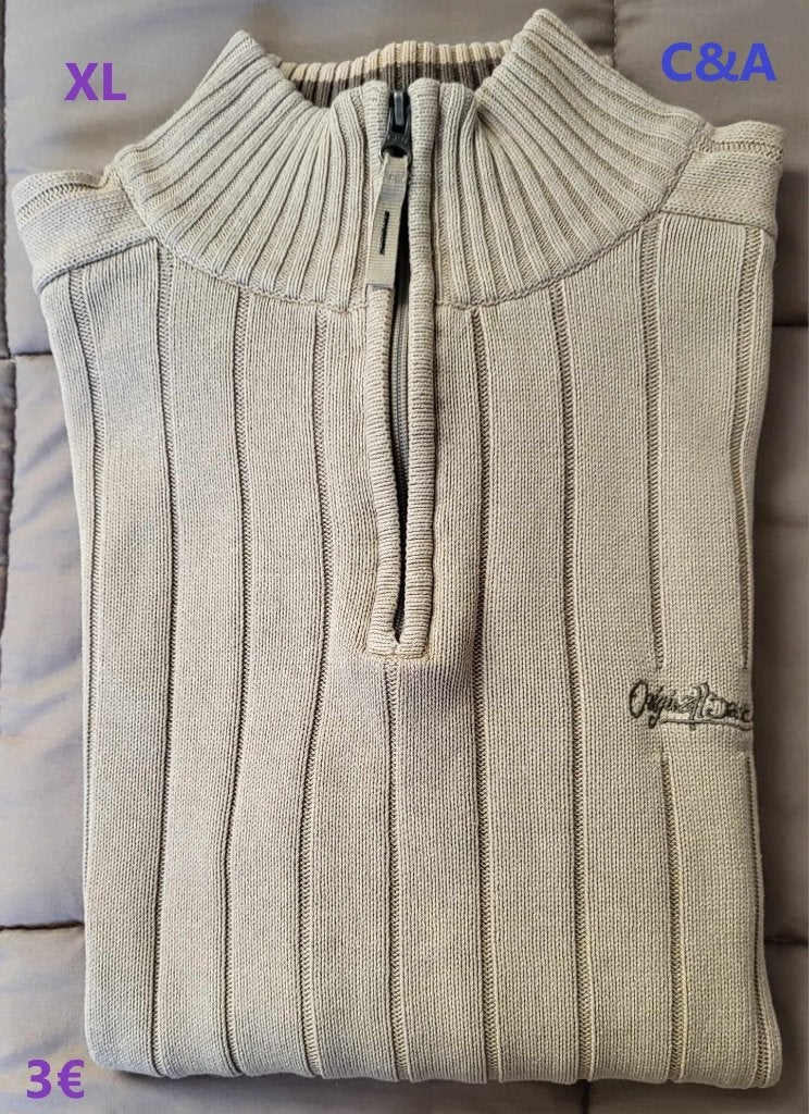 Pull beige clair lignes kaki 100% coton XL - C&A, Kleding | Heren, Truien en Vesten, Ophalen, Beige, Maat 56/58 (XL), C&A