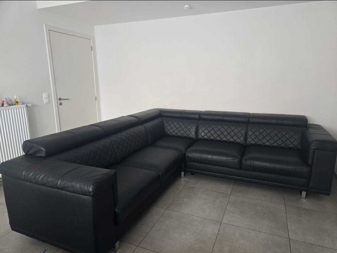 ​️ Canapé d'angle en cuir noir véritable, Ophalen, Zo goed als nieuw, Leer