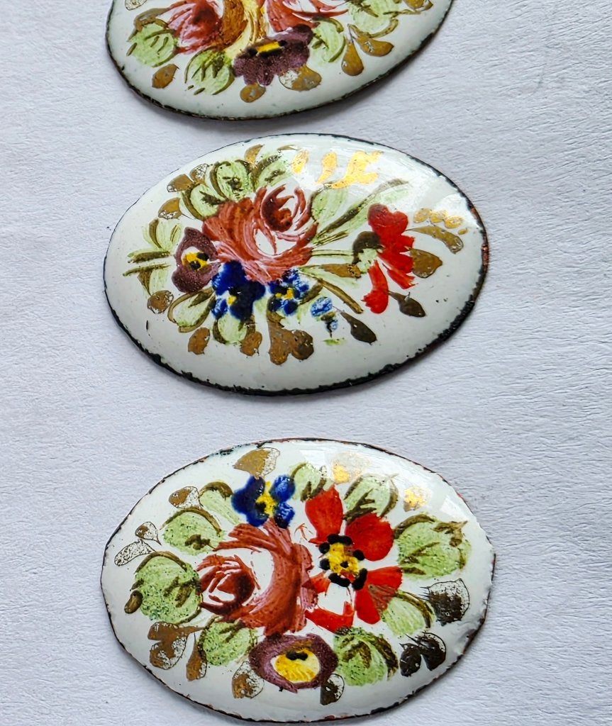 Vintage 4 geëmailleerde koperen plaquettes met gouden inleg, Ophalen of Verzenden, Koper