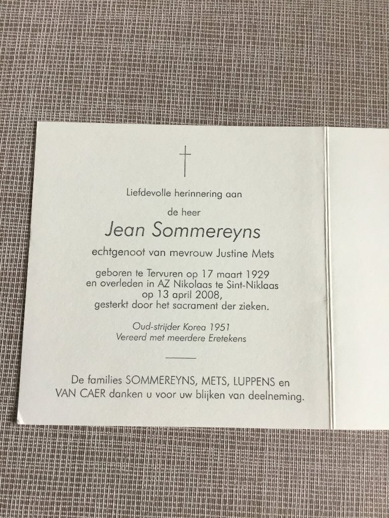 Commandant parachutique coréen 1951 J.Sommereyns Tervuren, Envoi, Image pieuse