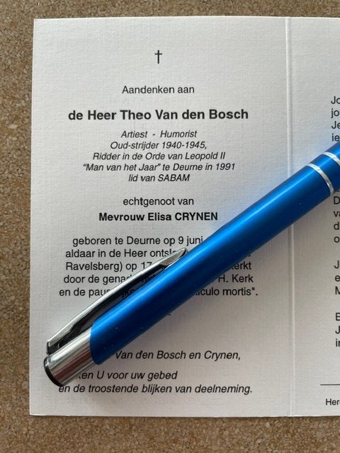 Vlaamse Acteur en Komiek DHR Theo Van den Bosch Deurne 1913, Verzamelen, Bidprentjes en Rouwkaarten, Ophalen of Verzenden, Bidprentje