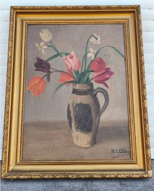 Huile sur toile fleurs signe m l gillain, Enlèvement ou Envoi, Fleurs, Toile