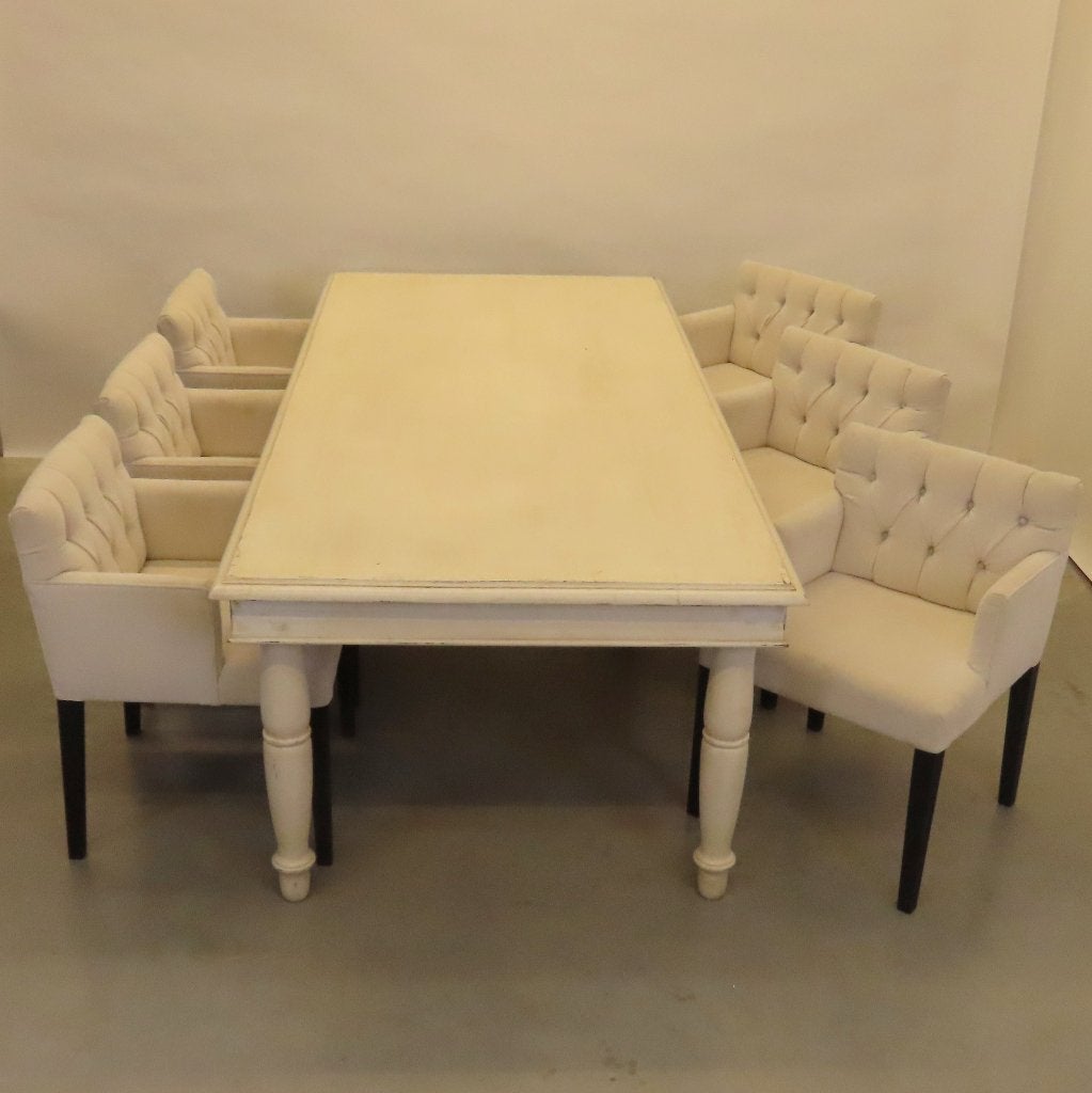 Wit geceruseerde rechthoekige tafel + 6 witte armstoelen, Huis en Inrichting, Tafels | Eettafels, Ophalen, Gebruikt, 100 tot 150 cm