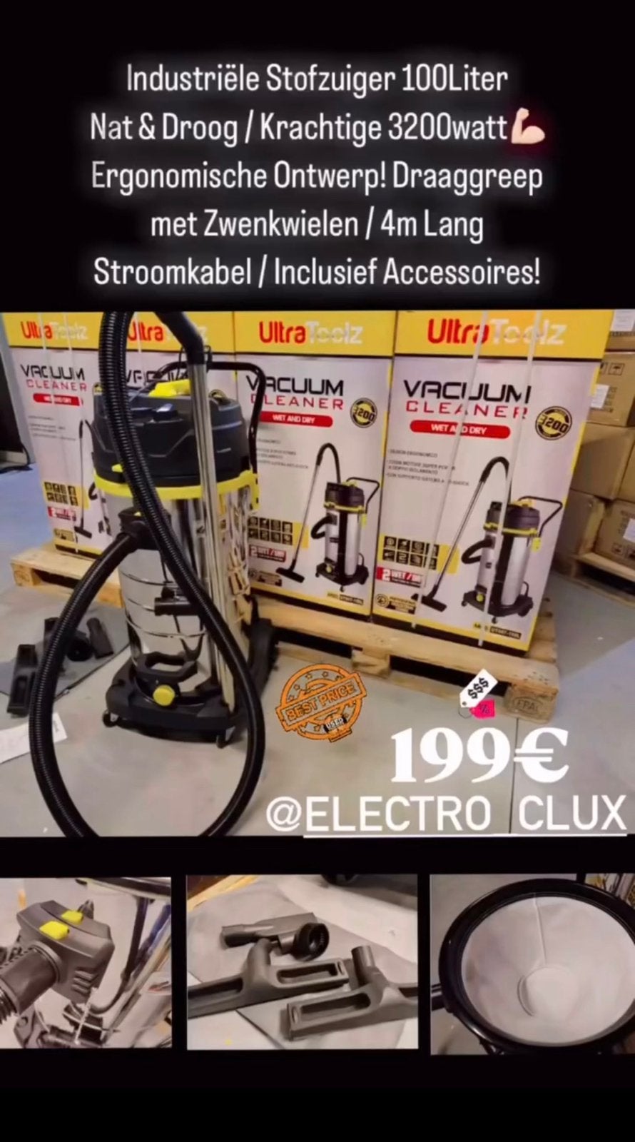 Industriële Stofzuiger Nat & Droog / Krachtige 3200w, Ophalen, Inclusief accessoires, Nieuw, Waterstofzuiger