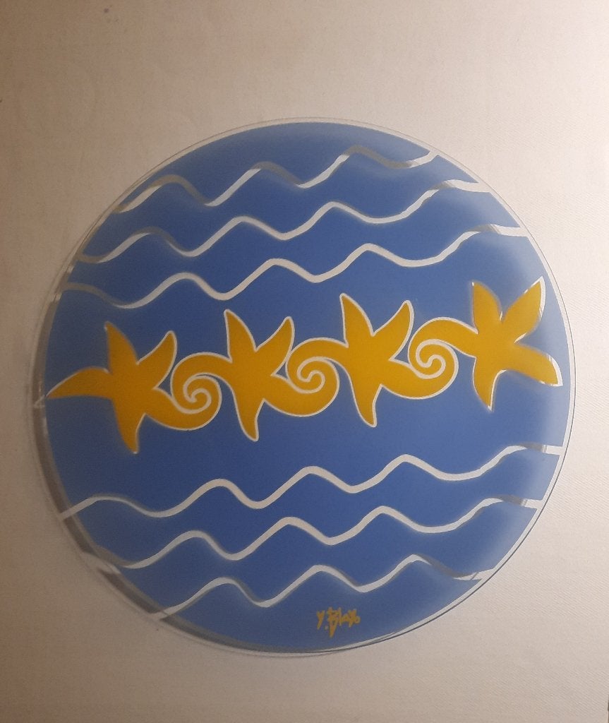 Y. Blayo glazen ronde schotel 41,5 cm blauw  geel, Ophalen