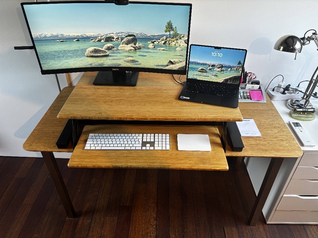 Bureautafel + Standing Desk module, Ophalen, Zit-sta bureau, Hout, Bruin