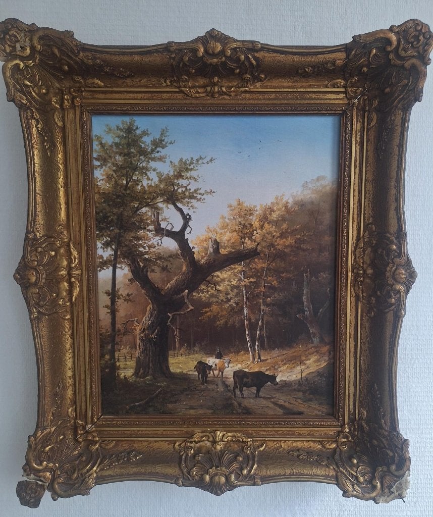 Olieverfschilderij Ad Heeren '88 - Landschap met vee, Antiquités & Art, Art | Peinture | Classique, Enlèvement ou Envoi, Encadré