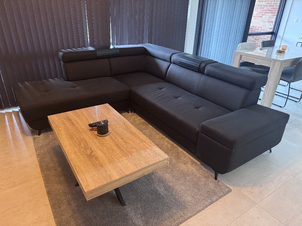 Canapé d'angle noir Destiny 265x230 avec table basse Alix, Enlèvement, Utilisé, Tissus, Gebruikte hoeksalon in uitstekende staat! Geen schade!