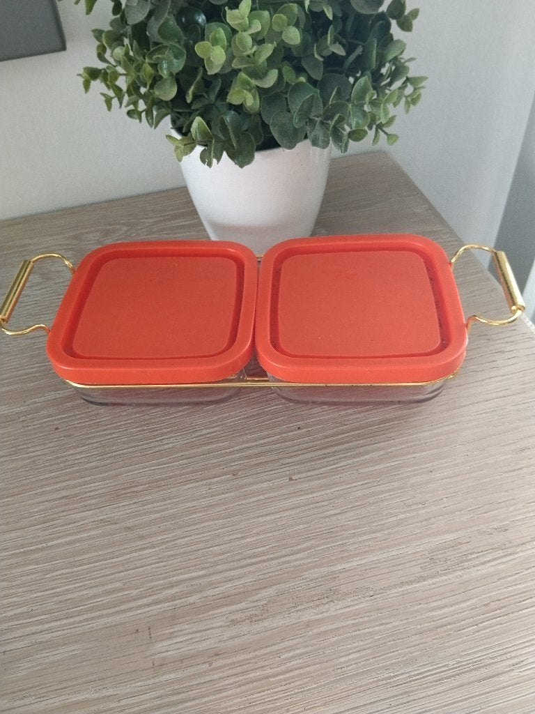Retro goudkleurige metalen staander met 2 glazen potten, Enlèvement ou Envoi, Maison et Meubles