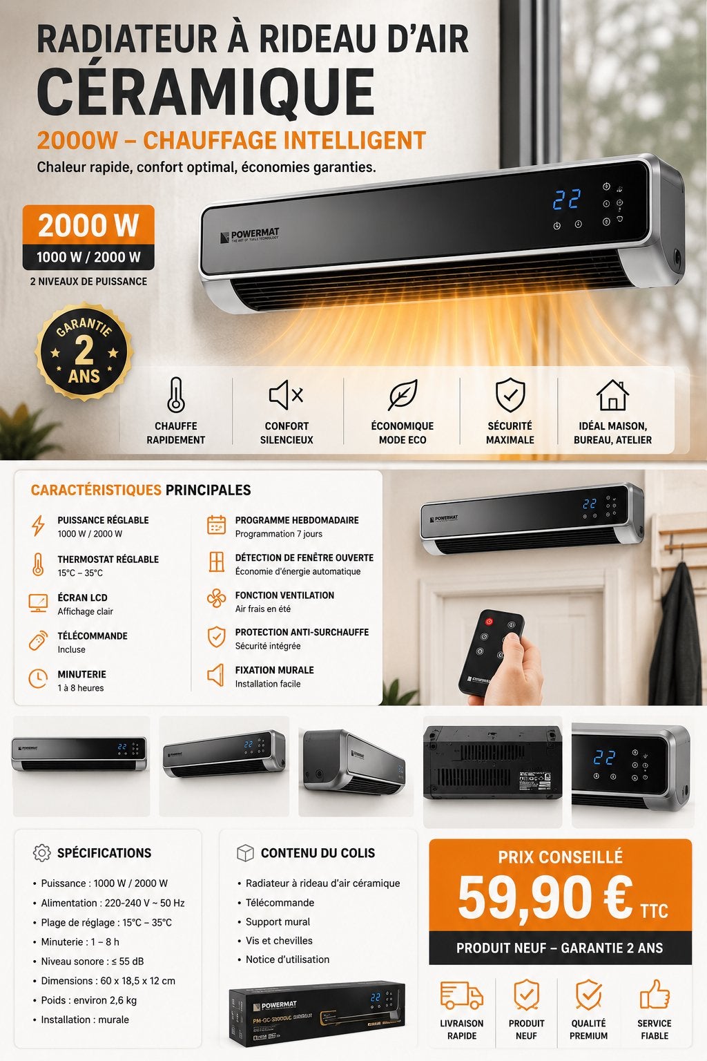 CHAUFFAGE ÉLECTRIQUE -RIDEAU D’AIR CHAUFFANT CÉRAMIQUE 2000W, TV, Hi-fi & Vidéo, Antennes paroboliques, Neuf, Autres marques, -