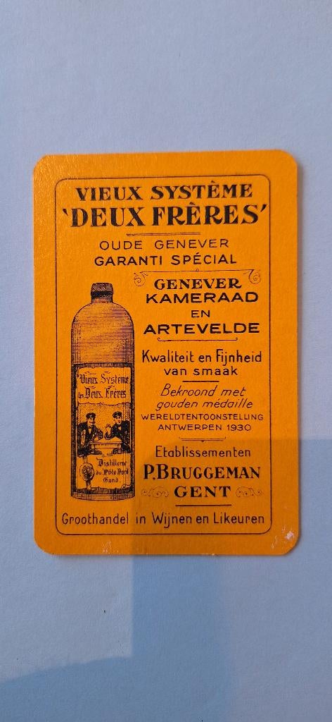Speelkaart Gent_Bruggeman Genever Deux Freres_geel 2_232, Verzamelen, Speelkaarten, Jokers en Kwartetten, Ophalen of Verzenden