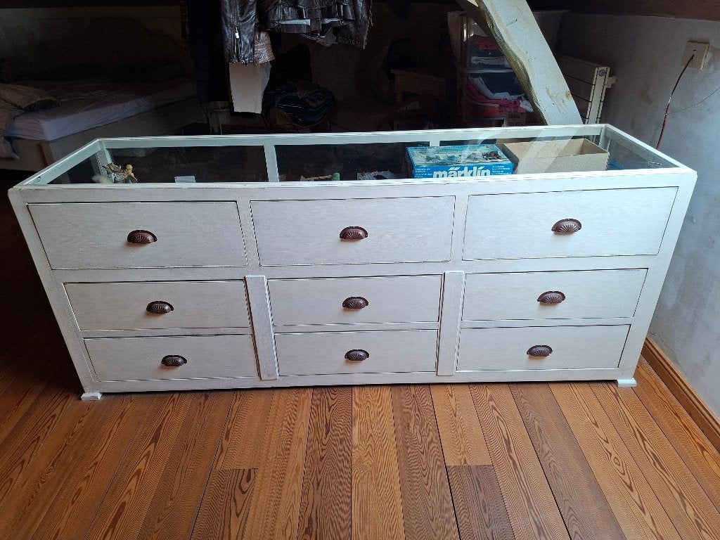 vintage toonbank met 6 grote schuiven, Ophalen, Met klep(pen), 75 cm of meer, Vintage