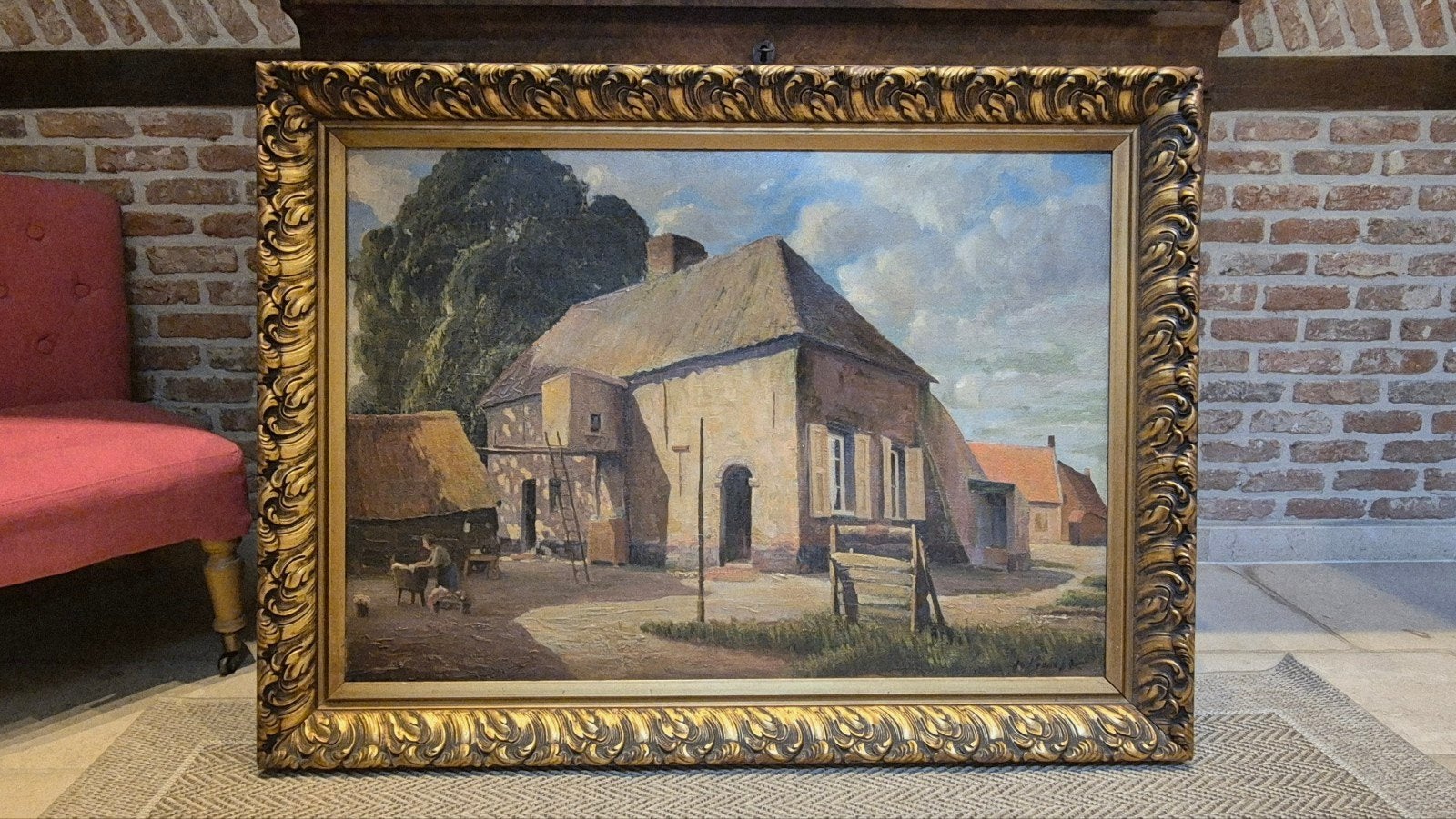 schilderij boerderij landschap  115 x  88 cm, Ophalen, Doek, Impressionistisch, Bijzondere lijst