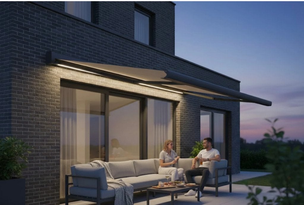 zonneluifel 5 meter met LED, Tuin en Terras, Ophalen, Gebruikt, Elektrisch