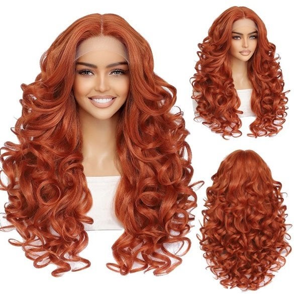 Luxe lace front pruik lang krullend haar koperrood Calla, Handtassen en Accessoires, Uiterlijk | Haarverzorging, Ophalen of Verzenden