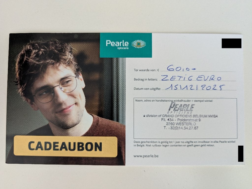Cadeaubon Pearle €60, Tickets & Billets, Une personne, Bon cadeau, Bon Dépôt ou Magasin