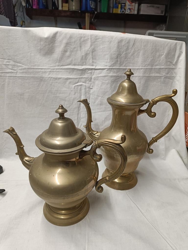 2 geel koper koffie Pottenheel zwaar, Antiek en Kunst, Ophalen