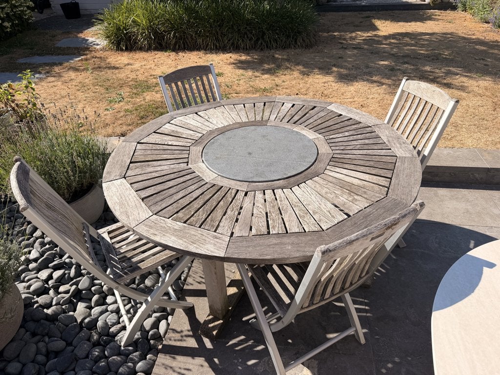 teak tuintafel en 4 stoelen, Ophalen, Gebruikt, Rond, Hout