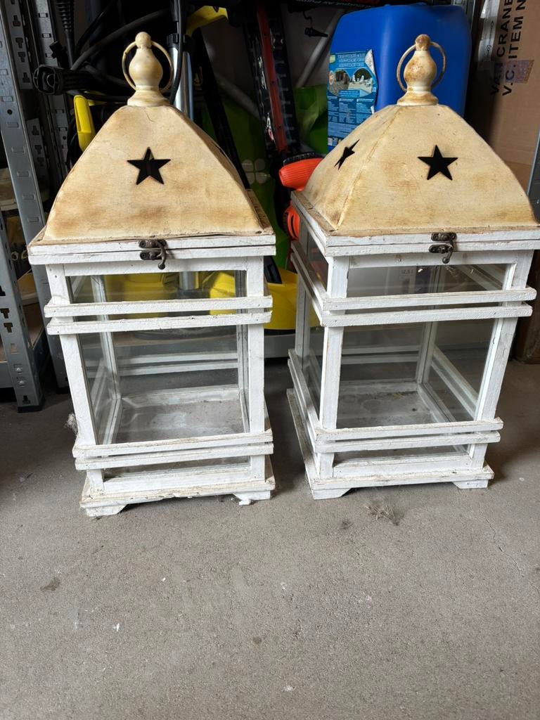Set van 2 rustieke witte houten lantaarns met ster, Ophalen, Zo goed als nieuw, Wit, Hout