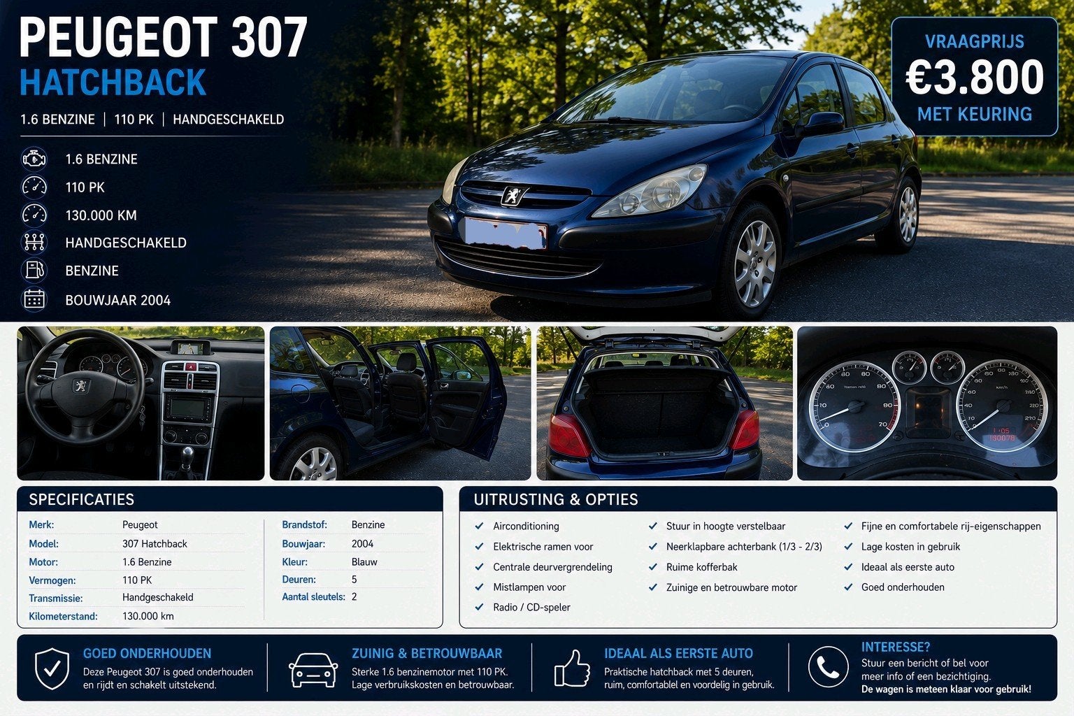 PEUGEOT 307 HATCHBACK, Auto's, Peugeot, Airbags, Android Auto, Apple Carplay, Bluetooth, Elektrische buitenspiegels, Navigatiesysteem