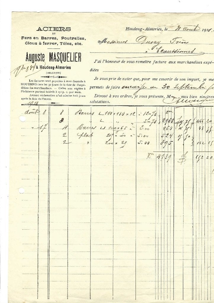 Ancienne facture 1910, Envoi, Utilisé