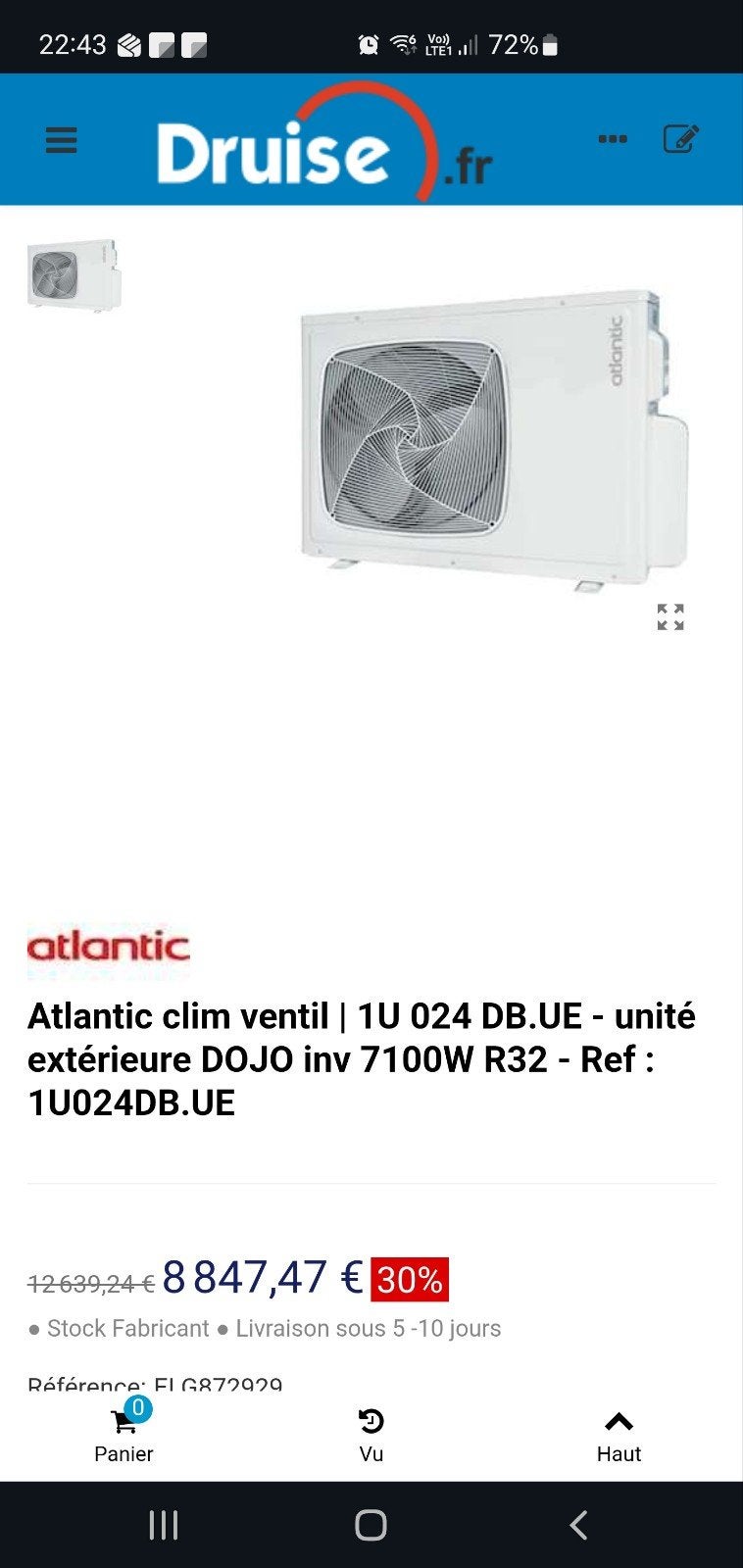 Climatisation atlantic console plafonnier 7kw neuve.