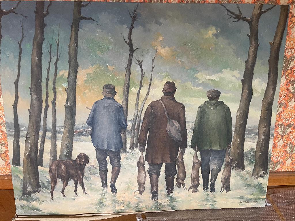 Olieverfschilderij op linnen doek " Jagers"., Ophalen