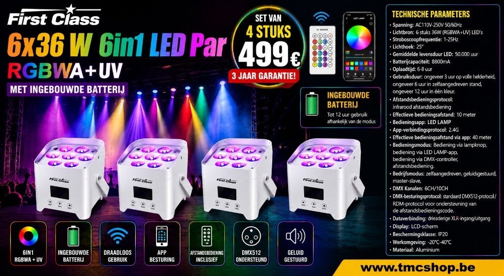 4 x First Class 6x36 W 6in1 LED Par RGBWA + UV, Ophalen of Verzenden, Nieuw, Licht, Geluidgestuurd