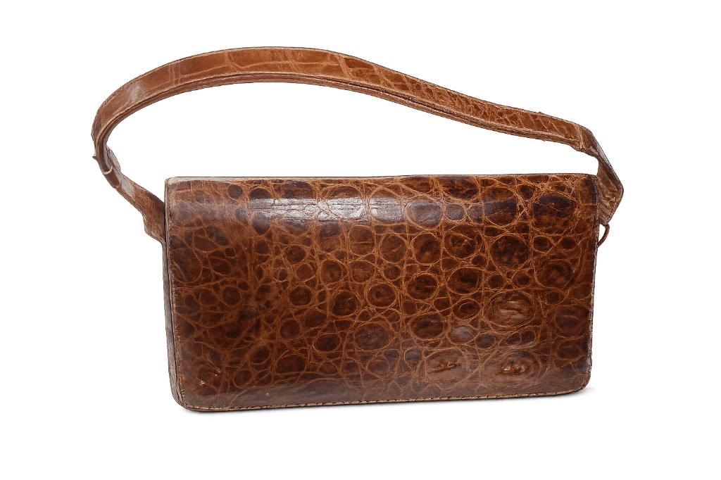 Sac vintage années 50 en cuir exotique ancien, Enlèvement ou Envoi, Utilisé, Brun, Sac à main