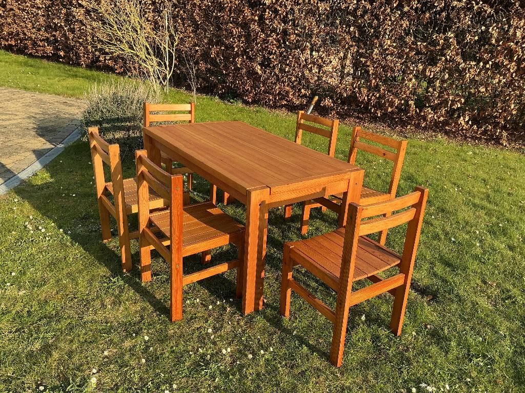 Massief houten eettafel+ 6 stoelen, grenen, 140 op 80 cm, Ophalen, Gebruikt, 100 tot 150 cm, 50 tot 100 cm
