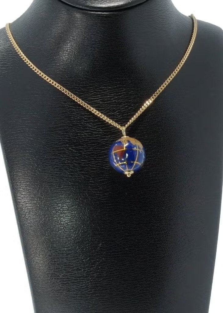 Wereldbol globe 18k gouden ketting hanger Lapis Lazuli, Ophalen of Verzenden, Zo goed als nieuw, Goud, Met edelsteen