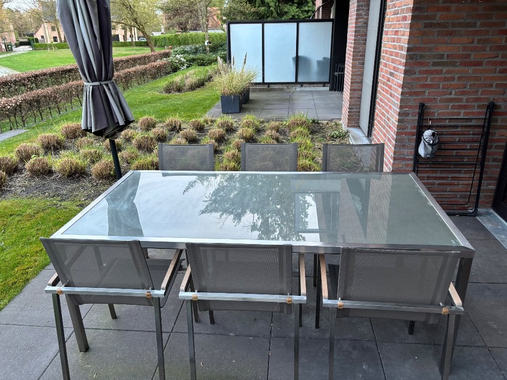 Inox tuintafel met stoelen, Tuin en Terras, Ophalen, Zo goed als nieuw, Rechthoekig, Overige materialen