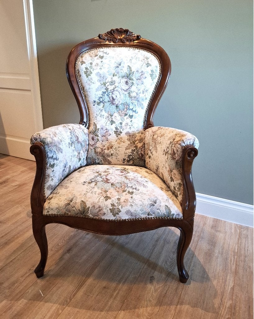 Victoriaans Fauteuil / gebloemde stof, Ophalen, Zo goed als nieuw, Hout, Victoriaans