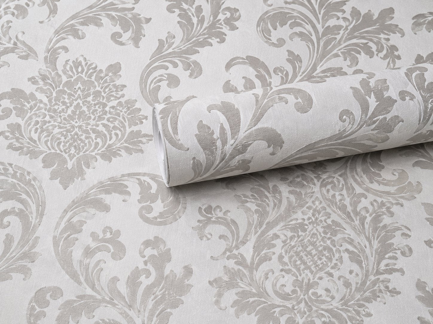 schuimvinyl op papier barokpatroon wit grijs 0,53* 10,05m, Ophalen of Verzenden