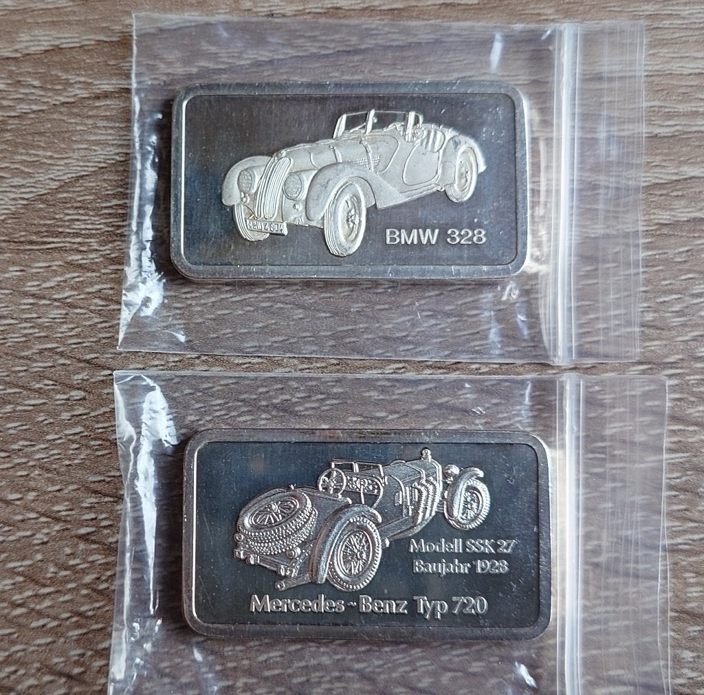 2x 1 oz Degussa Car Series, Mercedes Typ 720 + BWM, Envoi, Argent