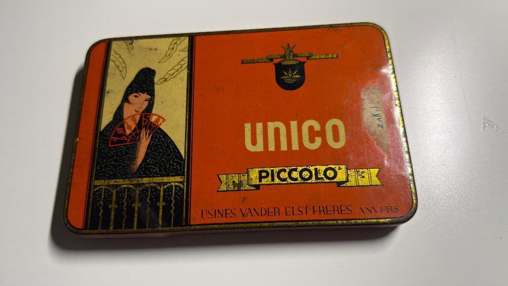 Zeldzaam, antiek Unico Piccolo sigarettenblik - Van der Elst, Verzamelen, Blikken, Ophalen of Verzenden
