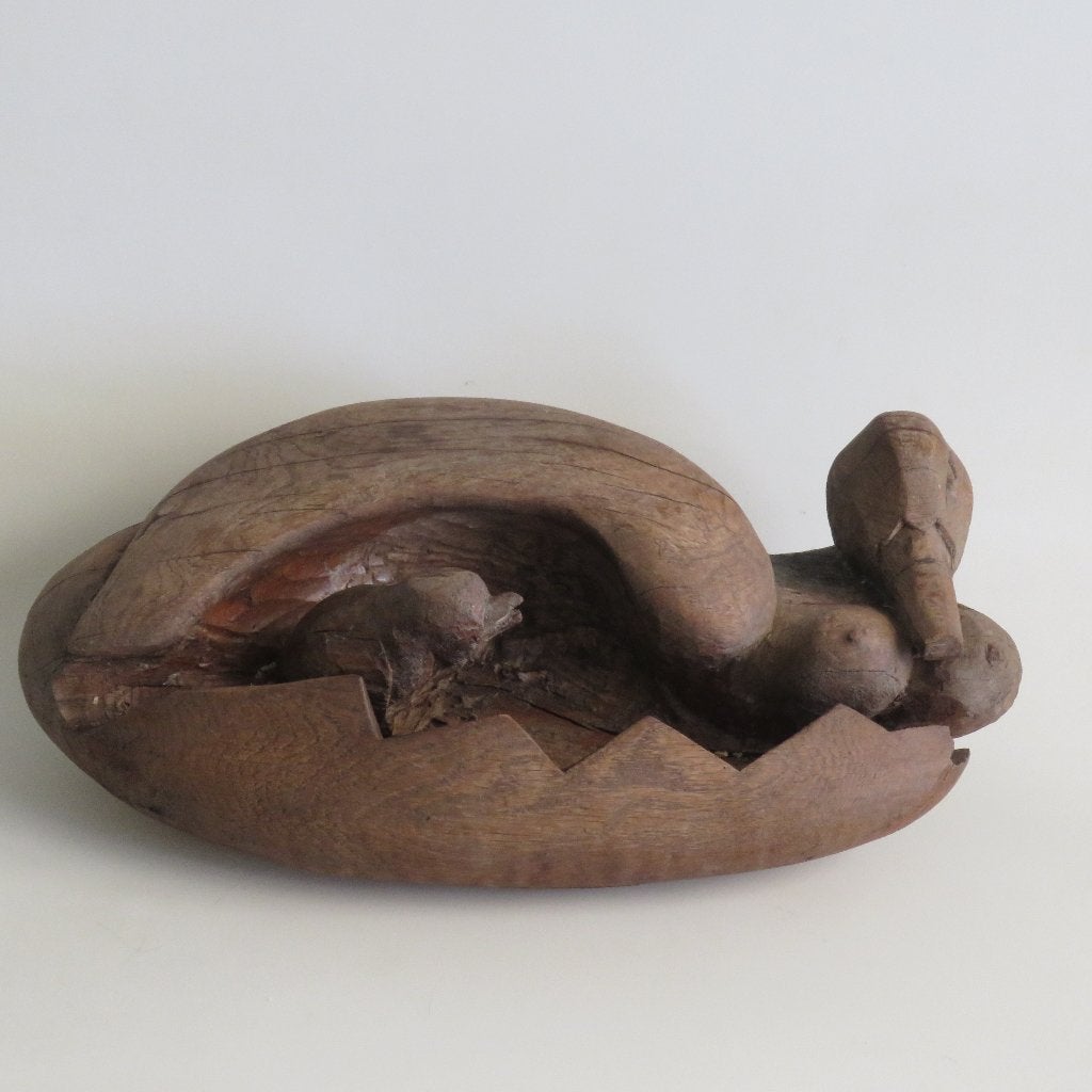 Vintage Folk art sculptuur eend met jong, Ophalen of Verzenden, Hout