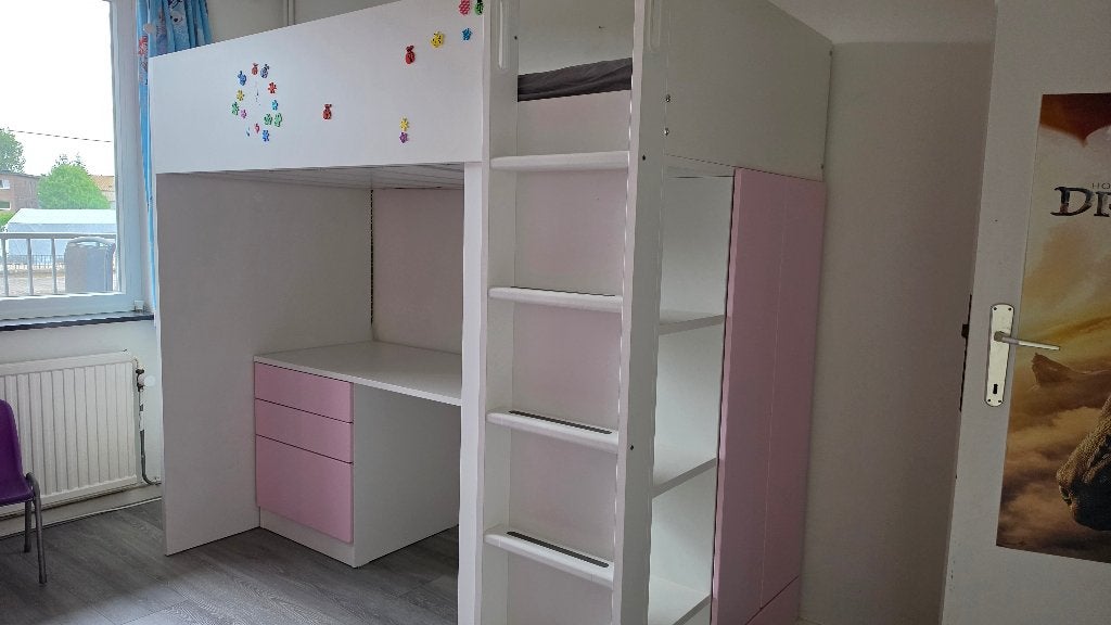 IKEA SMÅSTAD hoogslaper met bureau en kast – wit/roze, Ophalen, Gebruikt, Hoogslaper