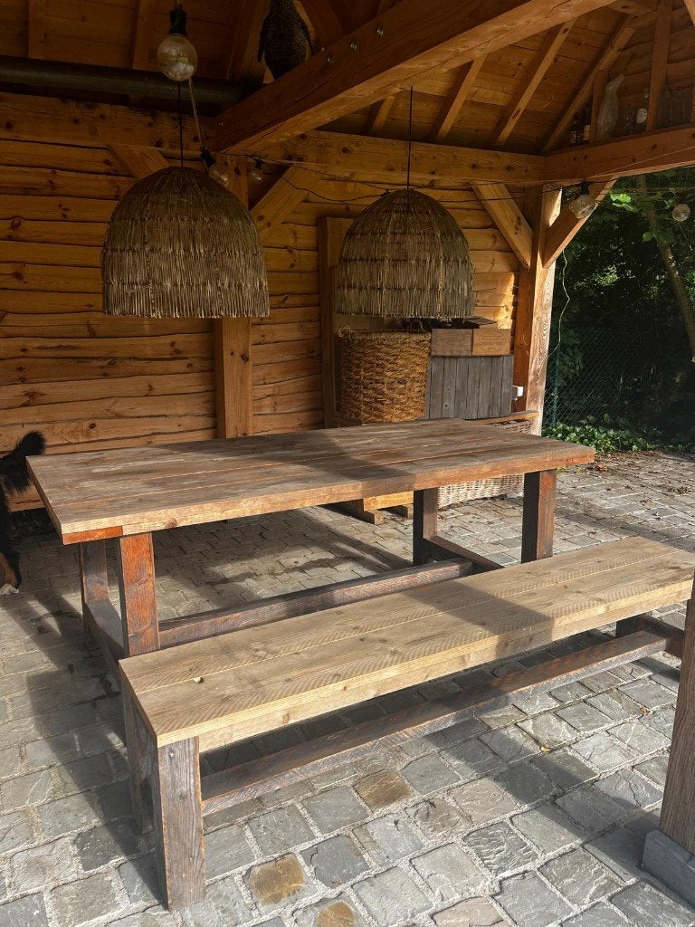 Robuuste tuintafel en bank in steigerhout, Jardin & Terrasse, Tables de jardin, Enlèvement, Comme neuf, Rectangulaire, Bois