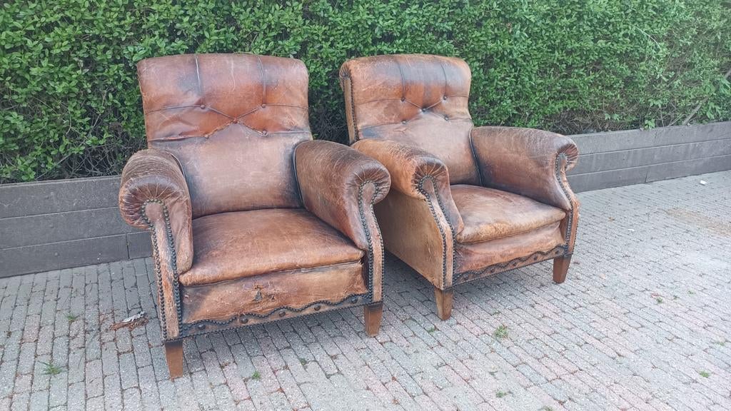 Antieke fauteuils set van 2 clubzetel, Ophalen, Leer