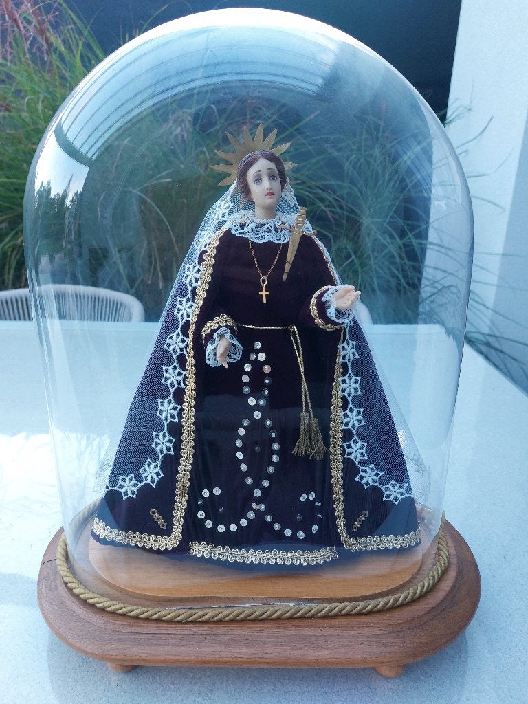 Moeder maria onder glazen stolp met houten voet, Antiek en Kunst, Ophalen