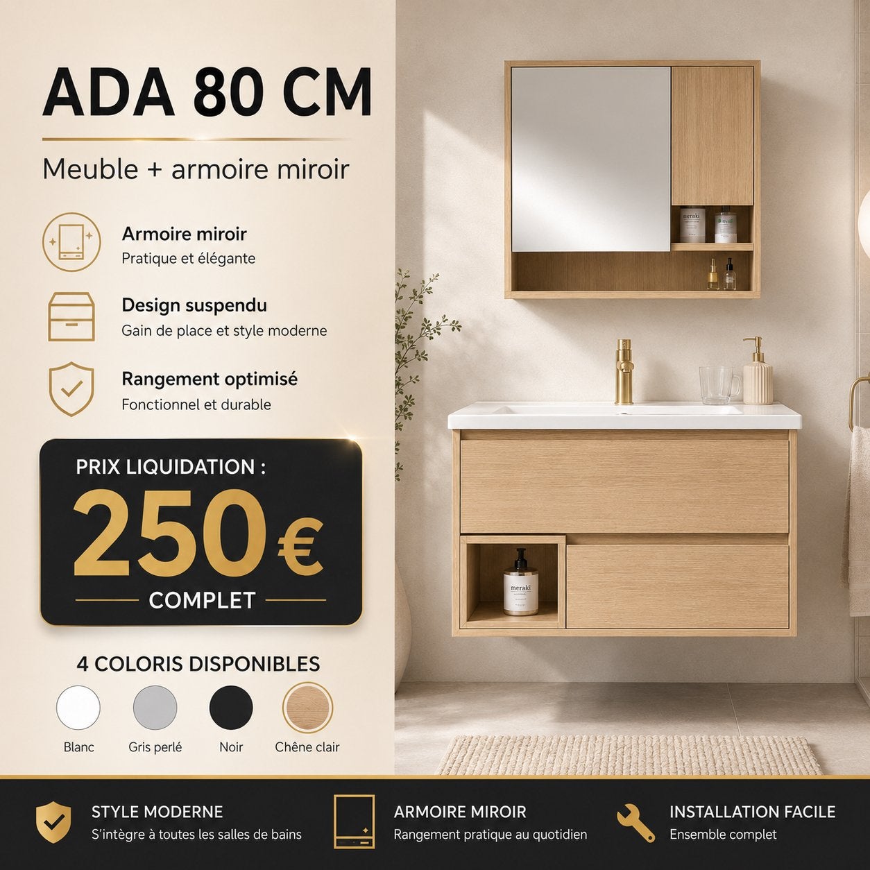 LIQUIDATION – Meuble de salle de bain ADA 80 cm, Enlèvement, Comme neuf