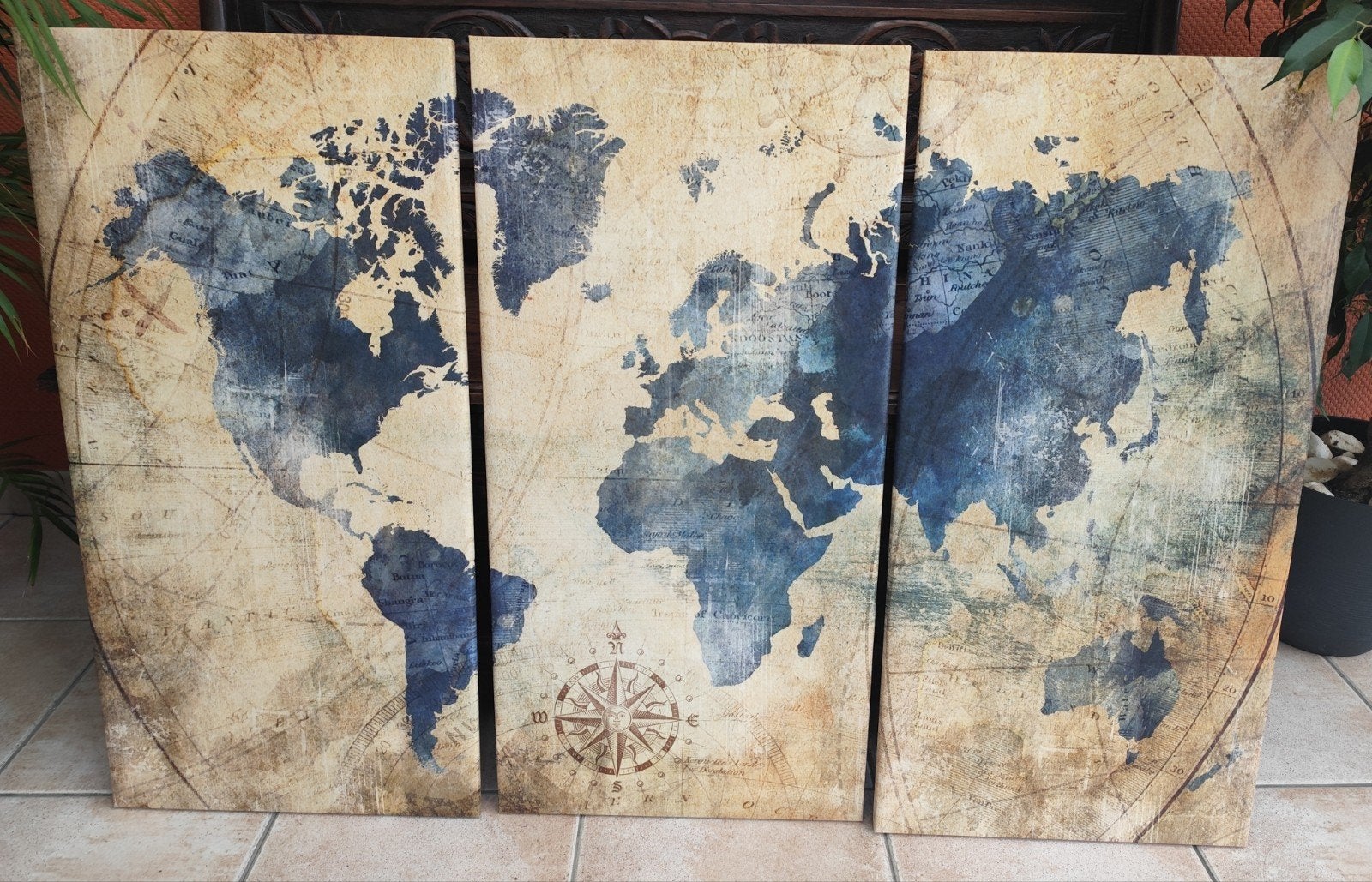 Tableau triptyque carte du monde style vintage, Vintage, Enlèvement, Beige, Tableau